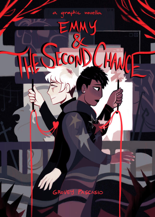 Emmy & the Second Chance cover, showing two figures standing back-to-back. They are holding up crochet hooks, each pulling a red string of fate from their hearts.
